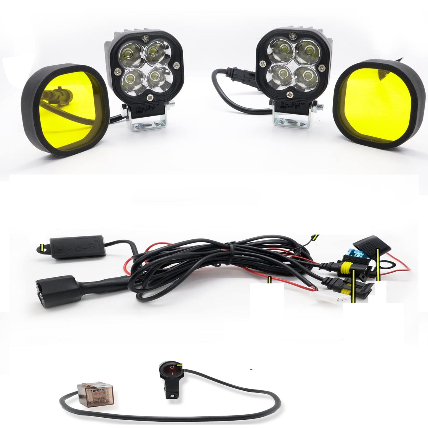 Universal Led Fog Light With Yellow Lens Cover With Wiring Kit Harness Led Work Fog Light Plug N Play System (40W, 12V-85V, DC)