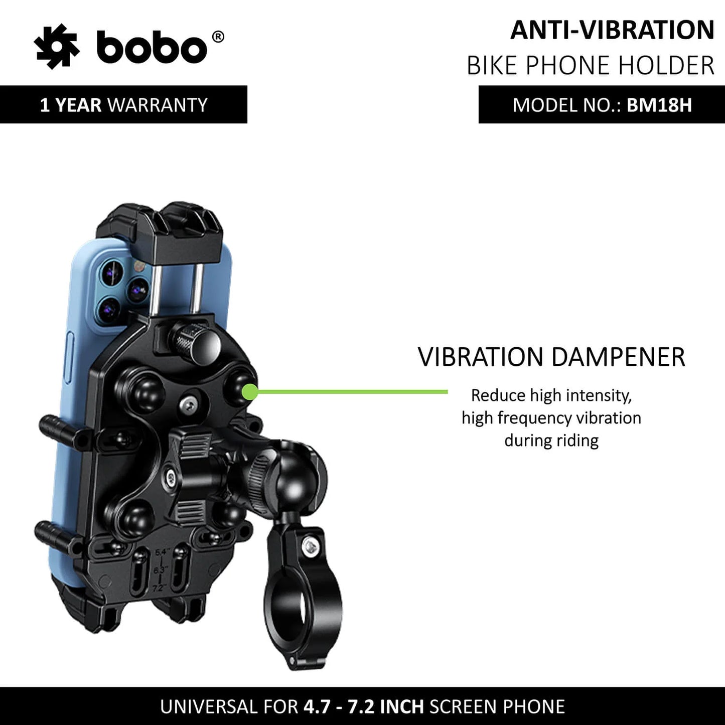 BOBO BM18H PRO Handlebar Anti-Vibration Bike Phone Holder (with Fast 15W Wireless Charger & USB-C Charging Module) Motorcycle Mobile Mount