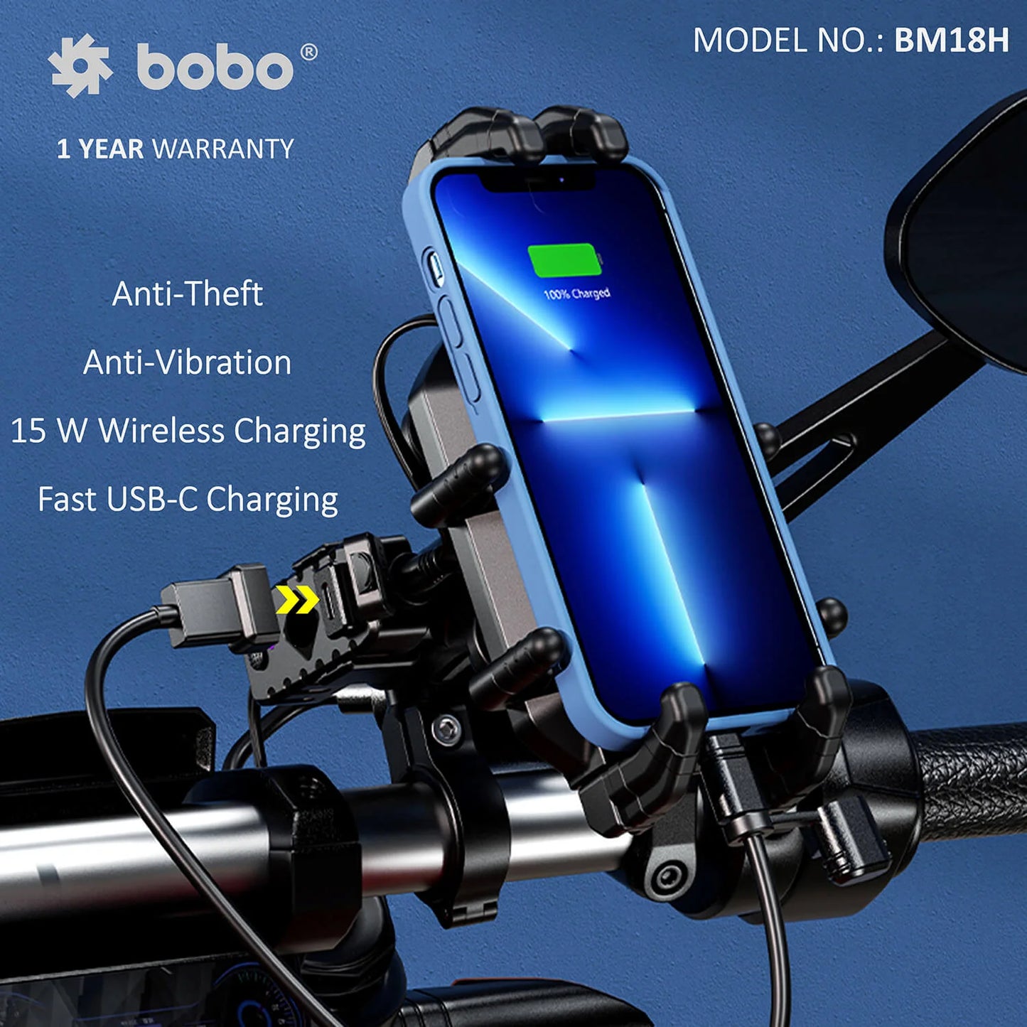 BOBO BM18H PRO Handlebar Anti-Vibration Bike Phone Holder (with Fast 15W Wireless Charger & USB-C Charging Module) Motorcycle Mobile Mount
