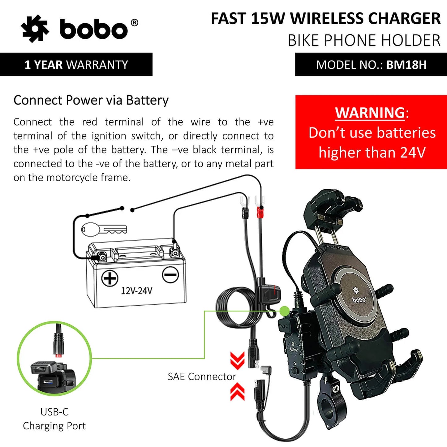 BOBO BM18H PRO Handlebar Anti-Vibration Bike Phone Holder (with Fast 15W Wireless Charger & USB-C Charging Module) Motorcycle Mobile Mount
