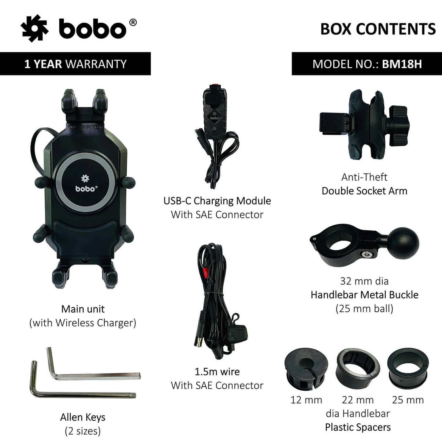 BOBO BM18H PRO Handlebar Anti-Vibration Bike Phone Holder (with Fast 15W Wireless Charger & USB-C Charging Module) Motorcycle Mobile Mount