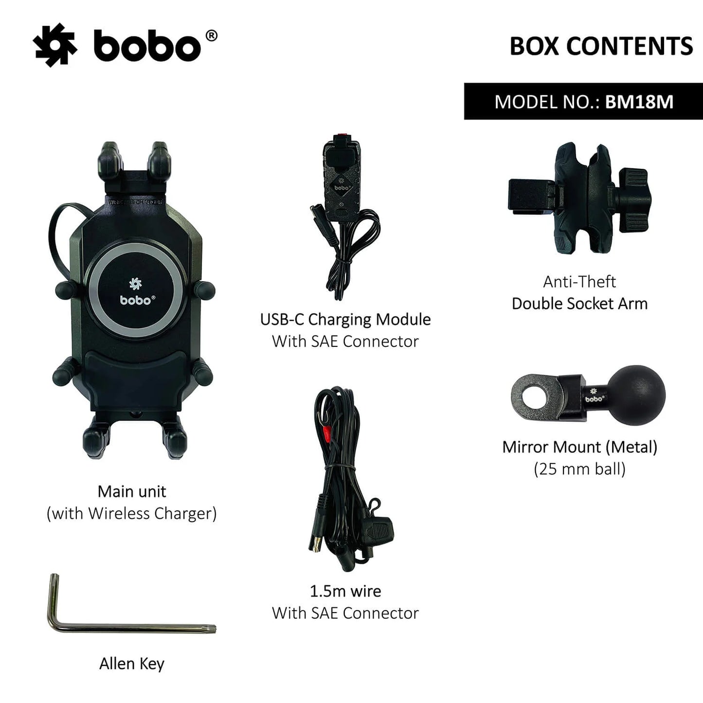 BOBO BM18H PRO Handlebar Anti-Vibration Bike Phone Holder (with Fast 15W Wireless Charger & USB-C Charging Module) Motorcycle Mobile Mount