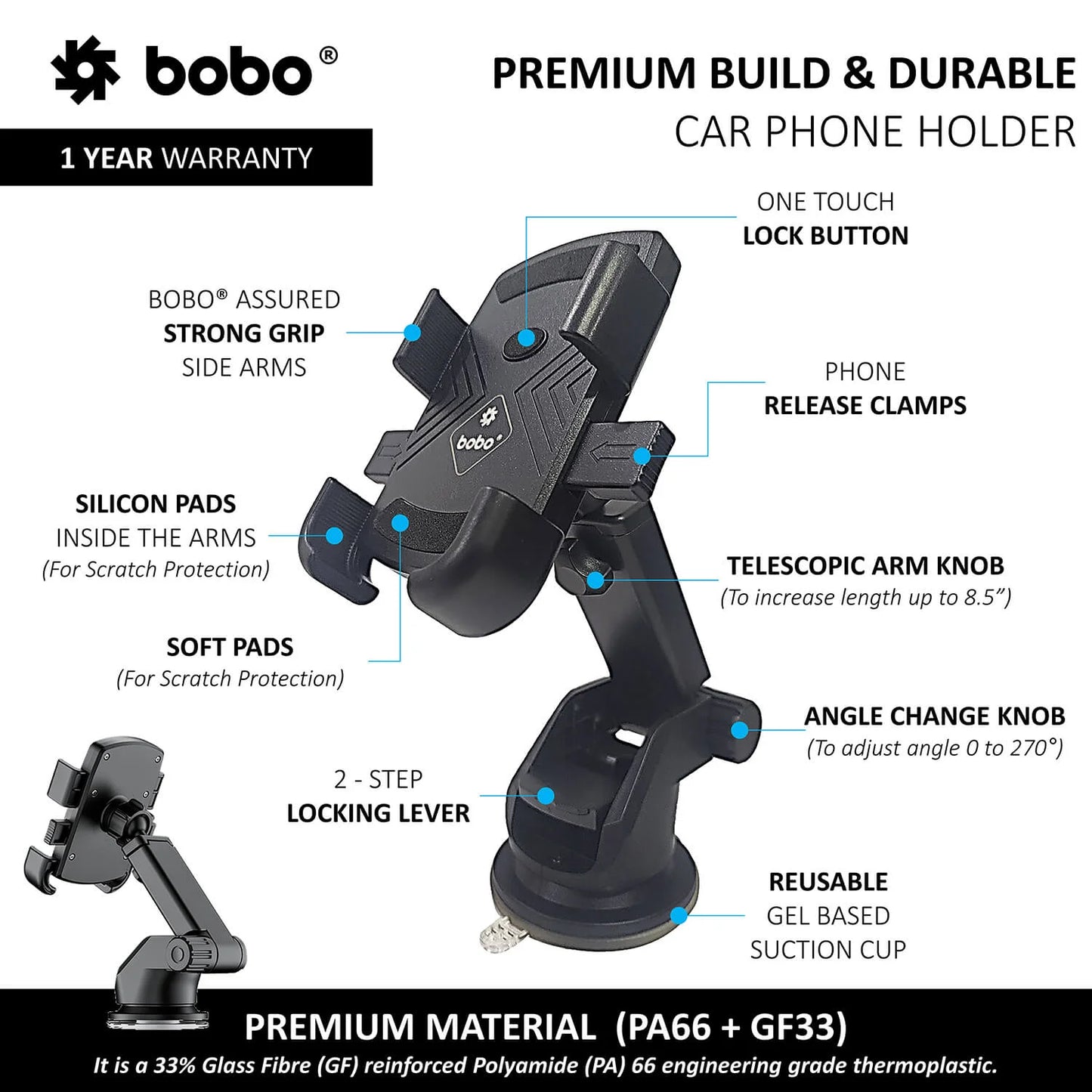 BOBO Universal Telescopic Windshield Mount Dashboard Car Phone Holder, With Reusable Gel Based Suction Cup