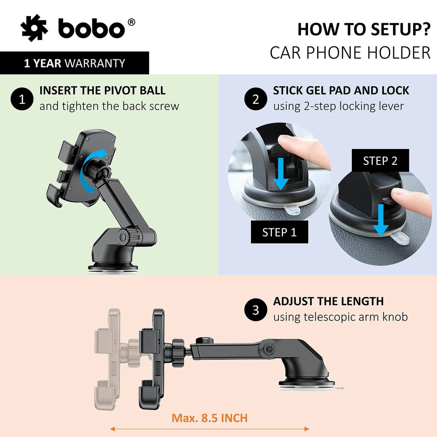 BOBO Universal Telescopic Windshield Mount Dashboard Car Phone Holder, With Reusable Gel Based Suction Cup