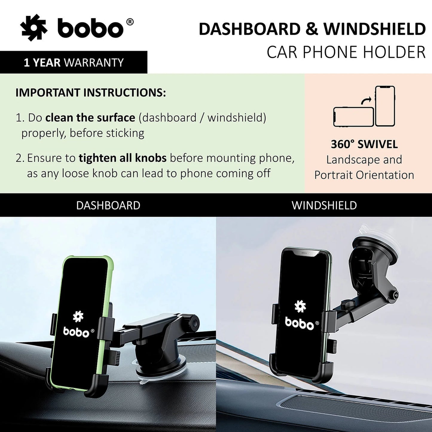 BOBO Universal Telescopic Windshield Mount Dashboard Car Phone Holder, With Reusable Gel Based Suction Cup