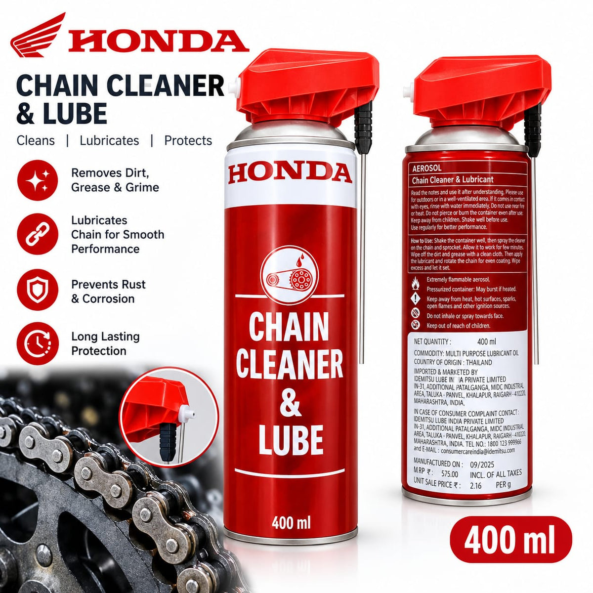 Honda Genuine Aerosol Chain Cleaner & Lube Spray (400 ml) for Motorcycles