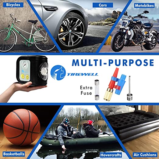 TIREWELL TW-7002 100 PSI Portable Tyre Inflator with Dial Gauge, Analog Tire Air Compressor Pump with LED Light