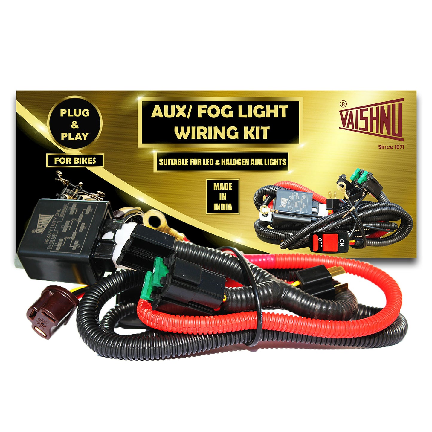 AUX LIGHT – HIGH BEAM SYNC WIRING HARNESS KIT FOR BIKES IN H4 FITMENT | TURNS ON AUX LIGHTS WITH HIGH BEAM SWITCH