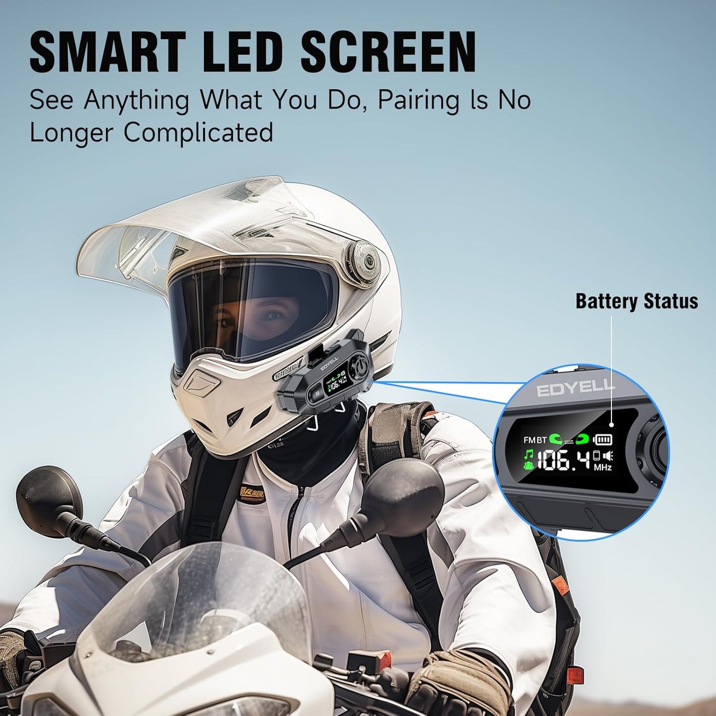 EDYELL A1 NEW Intercom Motorcycle Bluetooth Headsets, Smart LED Display Motorcycle Helmet Speakers, HD Calling and HiFi Music,Waterproof & Dustproof Helmet Headset,Group Communication System On Ear Headphones