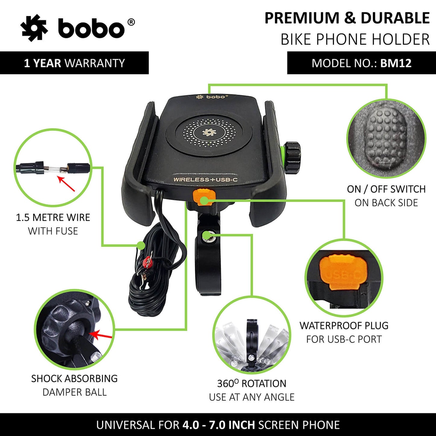 BOBO BM12 Bike Phone Holder (with Fast 15W Wireless Charger & USB-C Input/Output Port) Motorcycle Mobile Mount