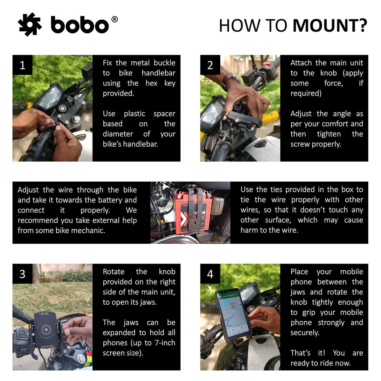 BOBO BM12 Bike Phone Holder (with Fast 15W Wireless Charger & USB-C Input/Output Port) Motorcycle Mobile Mount
