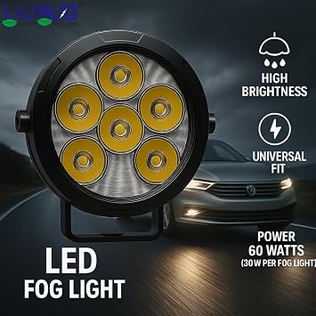 LIU HJG P91 6 LED Round Fog Light With Wiring Kit & Yellow Cap Waterproof & Heat Dissipation 60W 12V DC Power High Bright Yellow & White Light Reflection Universal fit for All Bike & Cars (Pack of 2)