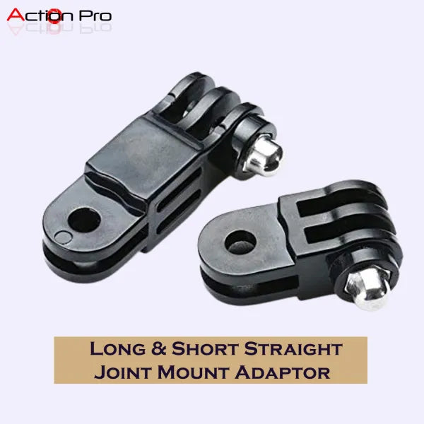 Two black straight joint mount adapters with silver ball mounts, shown on a light gray background with 'Action Pro' branding and a text label reading 'LONG & SHORT STRAIGHT JOINT MOUNT ADAPTOR'.