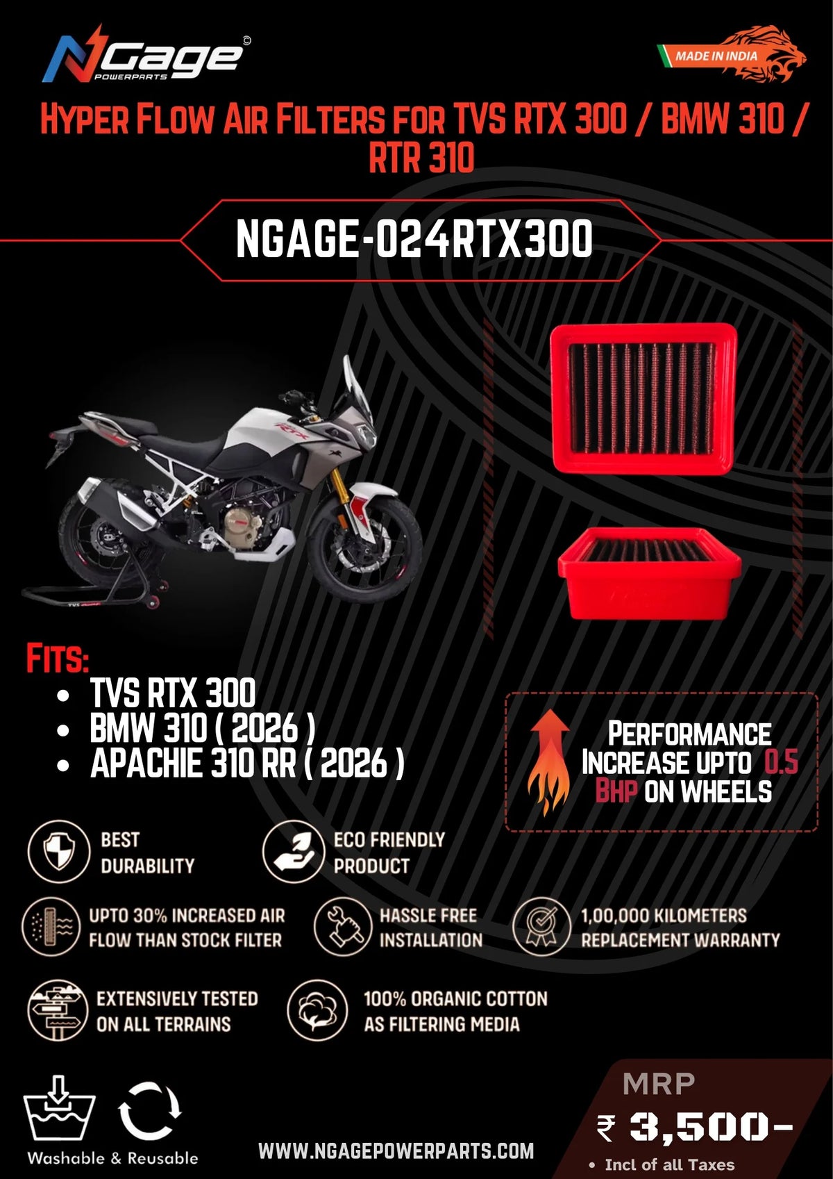 Hyper Flow Air Filter for TVS Apache RTX 300, BMW G 310 & Apache RR 310 NGage