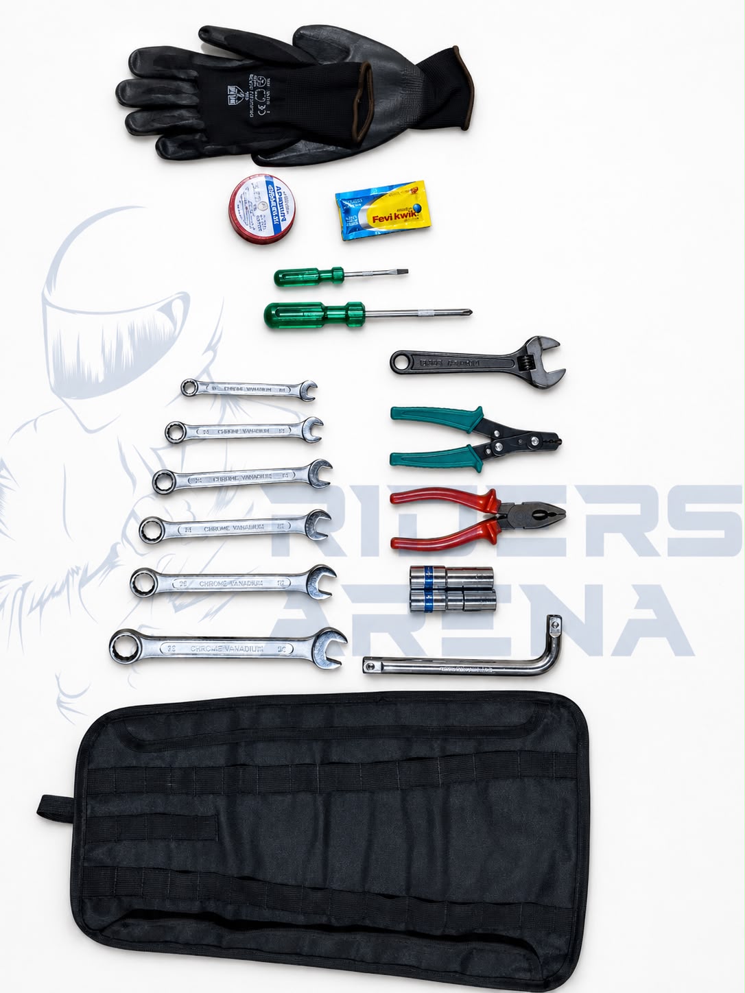 Motorcycle Tool Kit for roadside repairs and emergencies. Includes essential Spanners, screwdrivers, pliers, sockets and more in a tool roll.