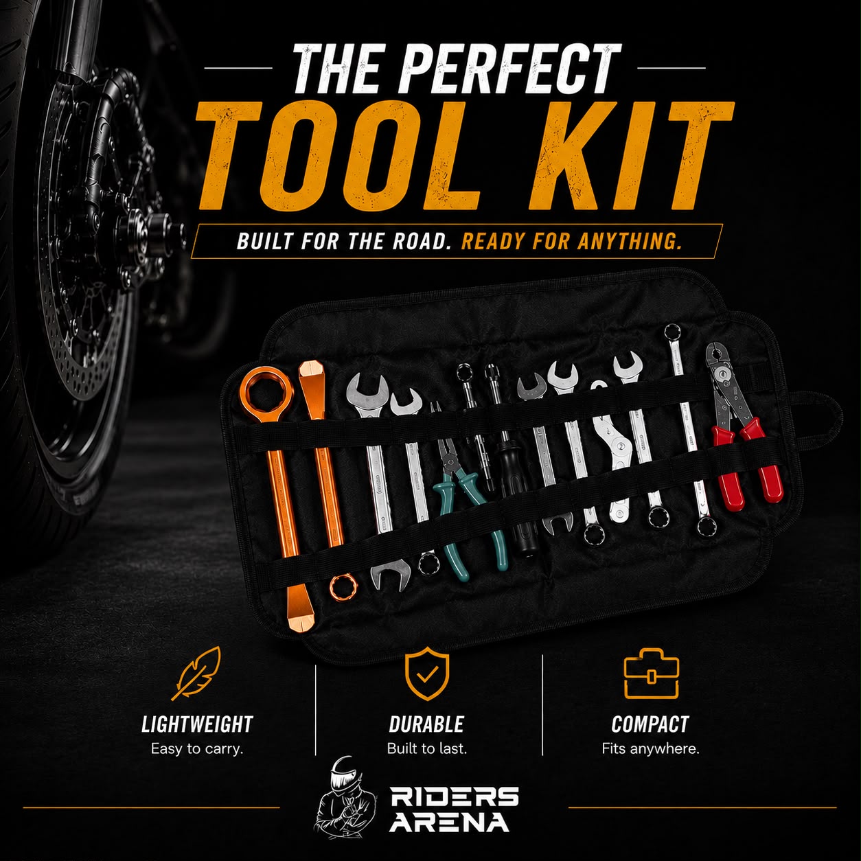 Motorcycle Tool Kit with spanners screwdrivers pliers and sockets by Riders Arena
