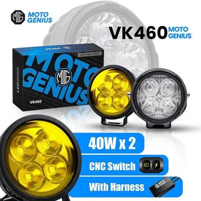 VK460   40W   x   2   Motorcycle   Fog   Light   Auxiliary   LED   Light   Set   |   High   Brightness   CNC   Switch   &   Wiring   Harness   |   Universal   Fit   Waterproof   Bike   Driving   Lights   (Pack   of   2)